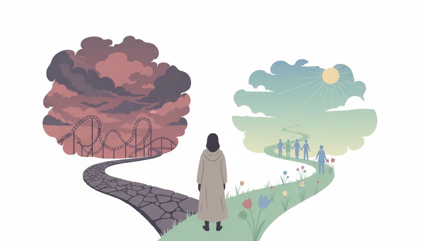 Minimalist illustration of a thoughtful person standing at a crossroads, with one dark stormy path featuring chains and a rollercoaster in muted reds, and the other a sunny meadow with hand-holding silhouettes and blooming flowers in soft blues and greens.