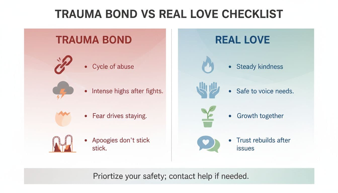 A clean, minimalist infographic in landscape format split into two columns contrasting trauma bond warning signs in muted reds with real love traits in soft blues and greens, featuring icons and bullet points for easy comparison.