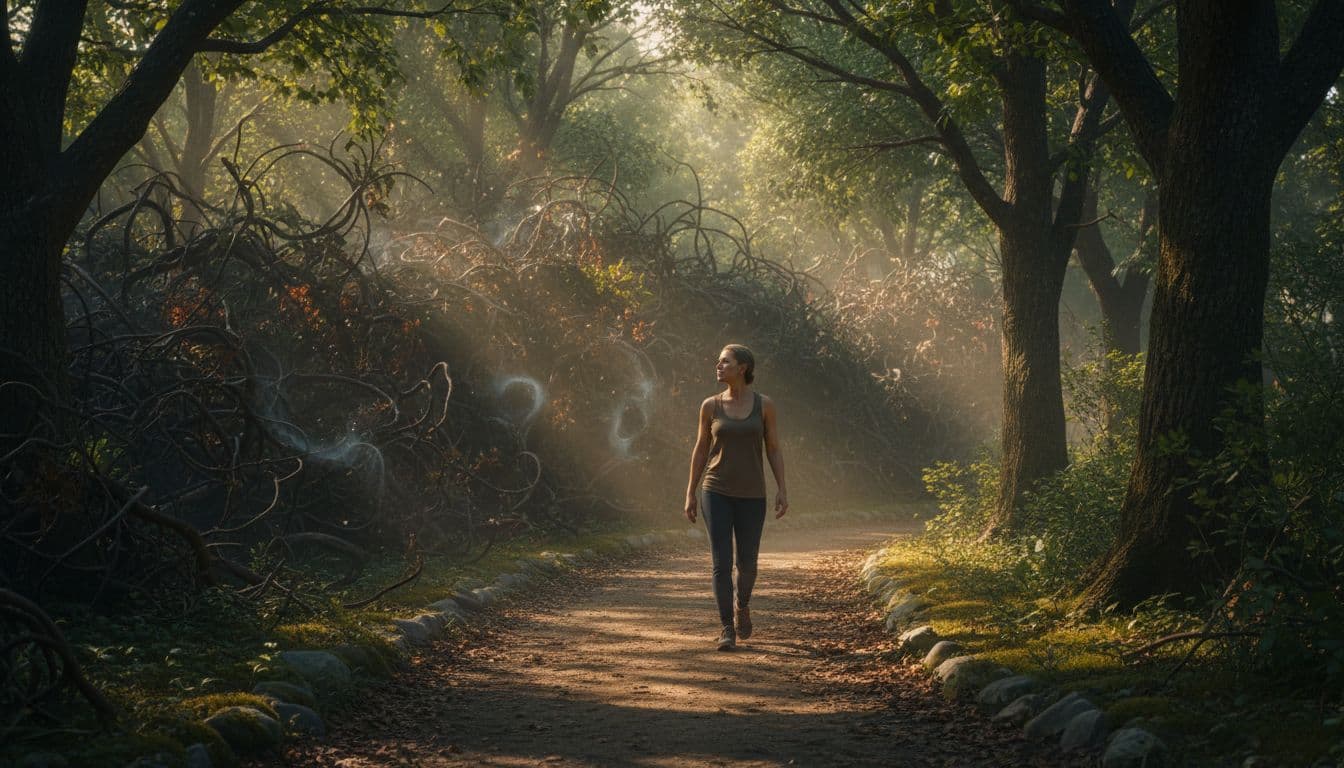 A single adult walks confidently along a sunny forest path with a calm, determined expression, glancing back slightly at fading dark tangled vines and misty shadows symbolizing past confusion, illuminated by warm natural daylight filtering through trees in a realistic photographic style.