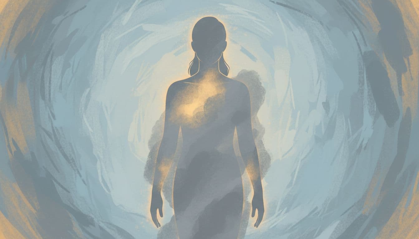 Soft calming editorial illustration in trauma-informed style showing one inclusive diverse adult silhouette standing in an abstract safe textured background, with subtle highlights at chest, throat, and hands emerging from a muted gray numbness veil.