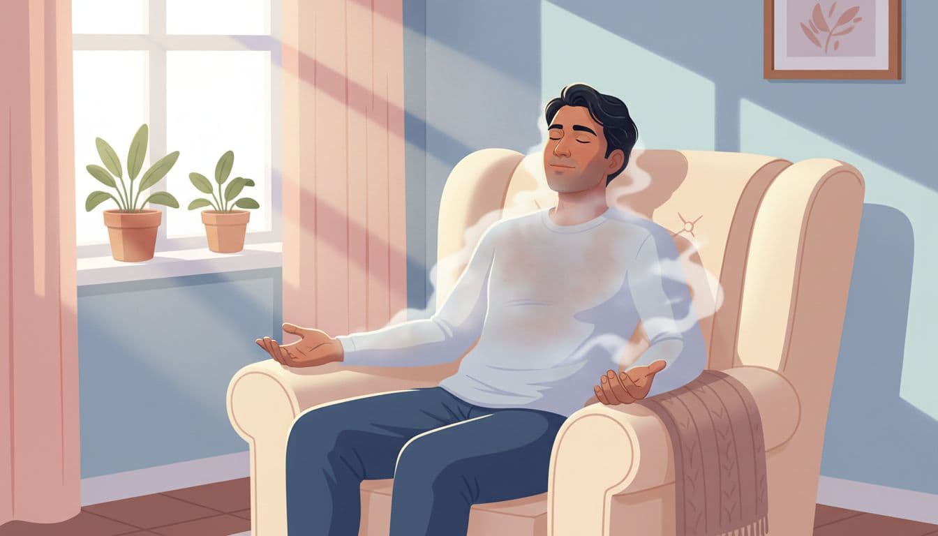 Trauma-informed editorial illustration of a diverse adult in a cozy safe home, featuring subtle soft gray misty numbness overlay on chest, throat, and limbs, with relaxed hands, serene expression, muted pastel colors, and soft natural light.