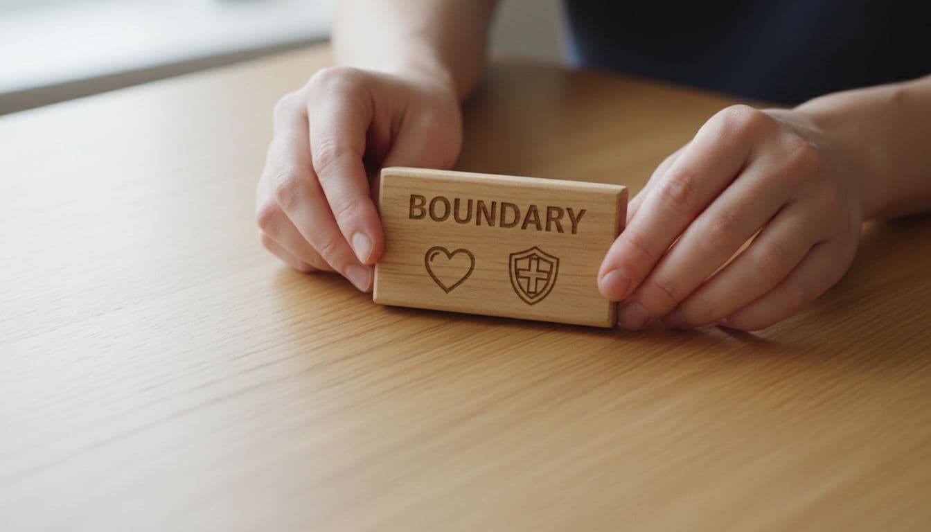Close-up of relaxed hands placing a minimalist wooden plaque labeled 'boundary' with heart and shield icons on a table, symbolizing setting personal boundaries under calm natural light, photorealistic style.