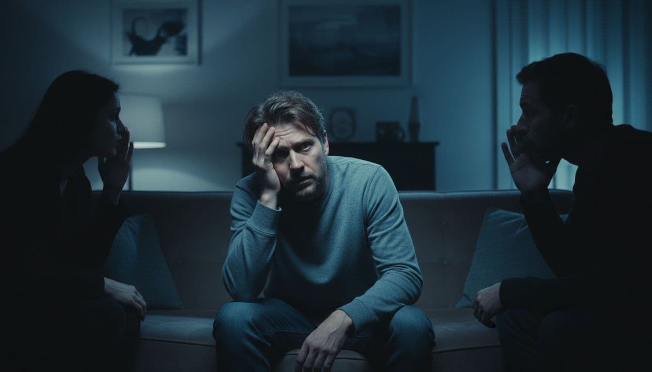 A solitary adult sits anxiously on a couch in a dimly lit room, hand on forehead, with faint shadowy silhouettes of whisperers in the corners, capturing the insecurity and competition of triangulation.