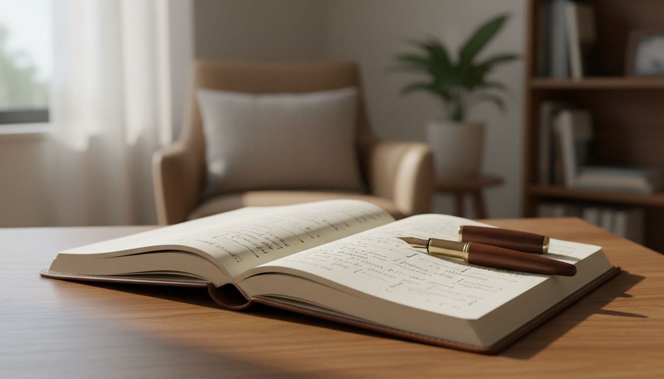 Close-up of an open journal on a table with a pen nearby, bathed in soft natural window light, showing handwritten notes in a cozy home office setting, realistic photo with no people or extra objects.
