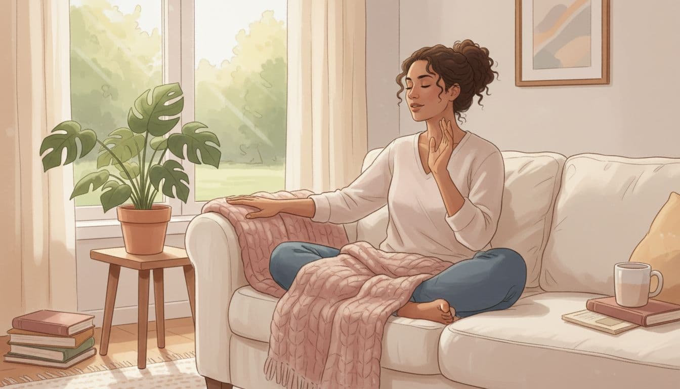 Calming trauma-informed illustration of one diverse adult in a peaceful home practicing grounding: hand on soft blanket, relaxed breathing pose, eyes scanning plant and window, muted colors, natural light.