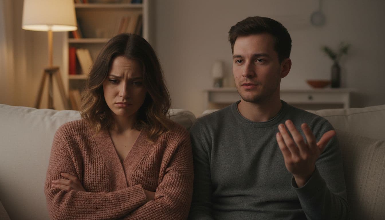 A young adult couple sits close on a living room couch in soft evening lamp light, the woman appearing confused and withdrawn while listening, the man calm with a subtle hand gesture.