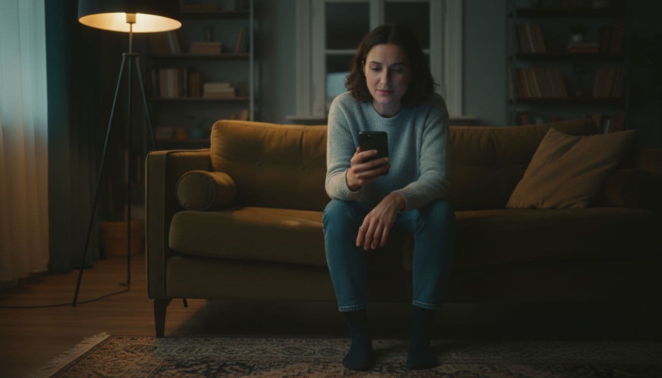 A person sits alone on a couch in a dimly lit living room, staring thoughtfully at their phone screen with a mix of hope and doubt, hand resting on knee under soft lamp light.