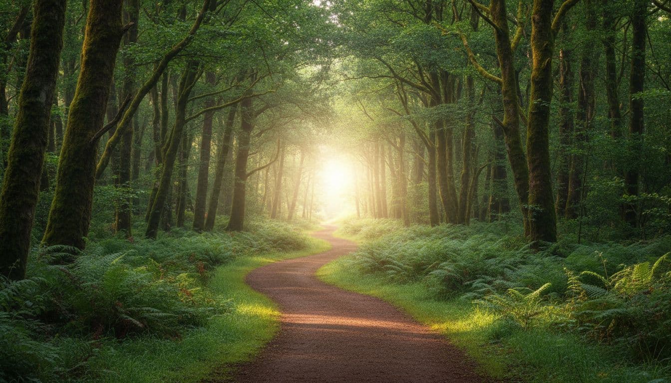 A serene winding dirt path curves gently through a lush green forest with tall trees and ferns, leading toward a bright sunlight opening symbolizing hope and emotional recovery.