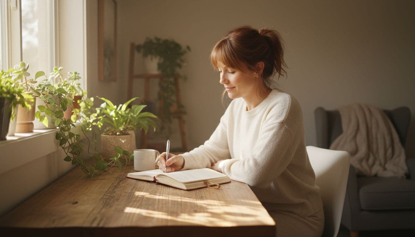 A woman in her 30s sits thoughtfully at a wooden desk in a bright sunlit home office, writing in an open journal with a relaxed posture and soft smile, morning light filtering through windows with plants nearby.