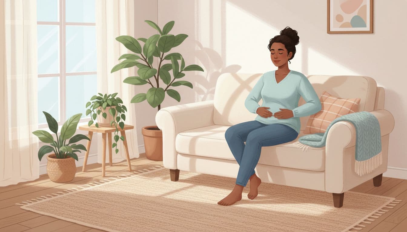 Diverse adult in their 30s sitting on a cozy couch in a peaceful living room, hands resting on belly in deep breathing pose with calm relaxed expression, wellness illustration in soft natural colors.