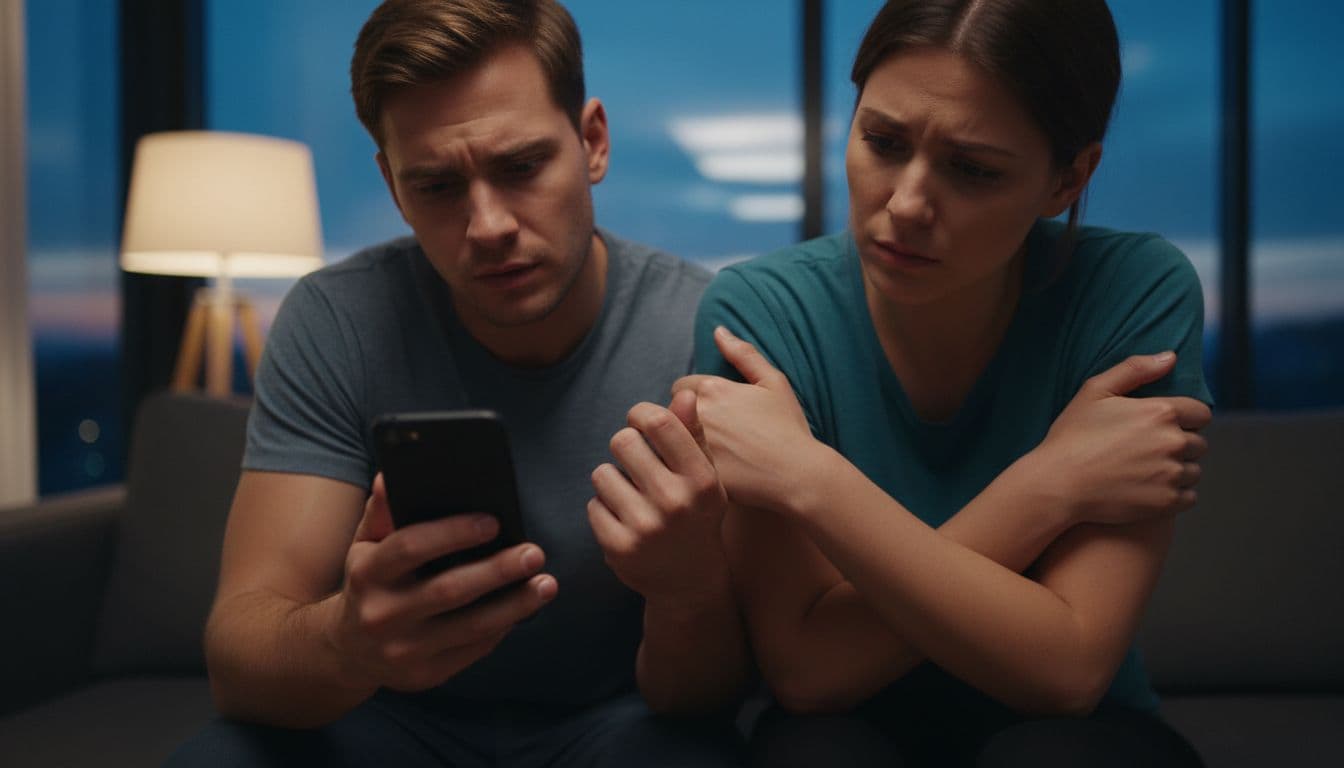 A couple in a modern living room at dusk, with one partner anxiously checking the other's phone screen while the other sits with crossed arms looking uneasy; close-up on faces and hands in warm dim lighting.