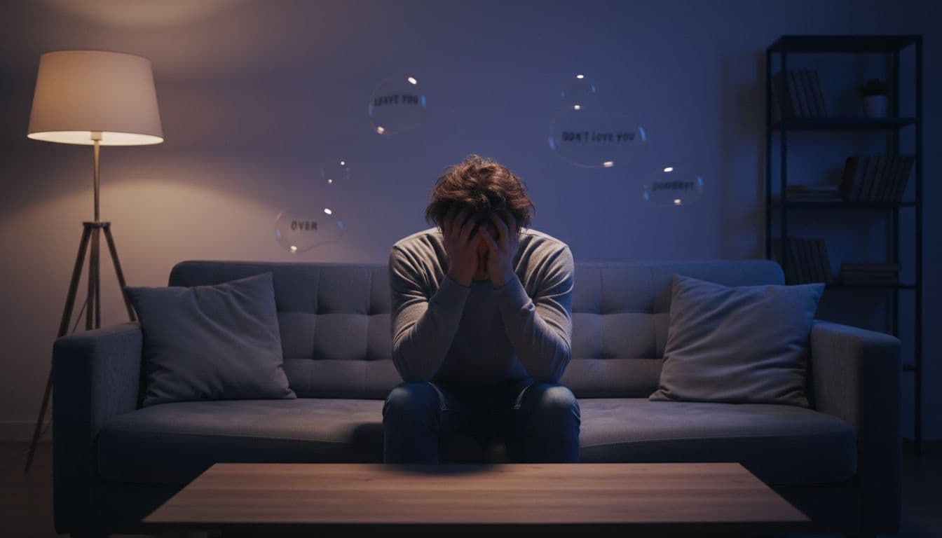 A single distressed person sits alone on a couch in a dimly lit living room, head in hands, with subtle blurred shadowy speech bubbles suggesting breakup threats.