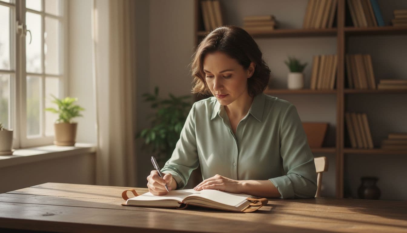 A single adult sits calmly at a wooden desk in a cozy room bathed in natural window light, writing in an open journal with blank pages, conveying focus, empowerment, and self-reflection in a realistic photographic style.