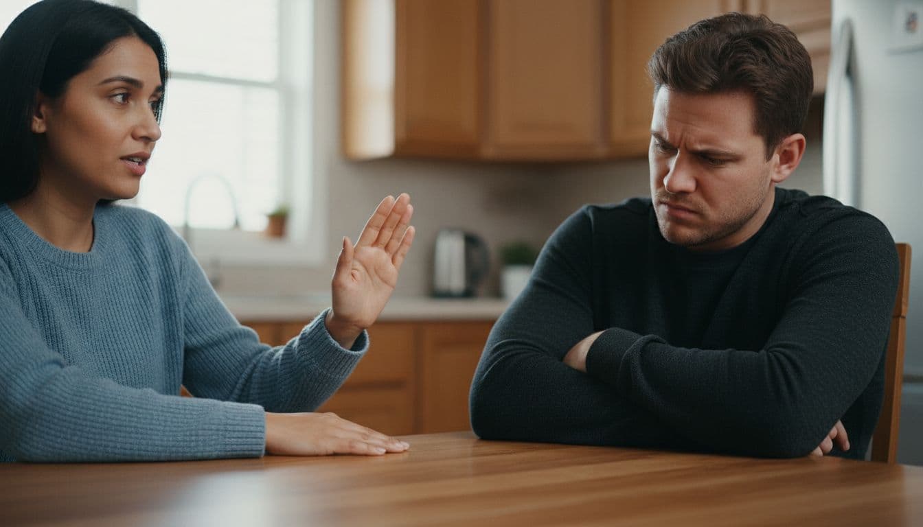 One person sits across from another at a kitchen table, calmly speaking with an open hand gesture indicating a boundary, while the other appears frustrated with arms crossed. Realistic photo style with natural indoor lighting, focused on faces and upper bodies, exactly two people.