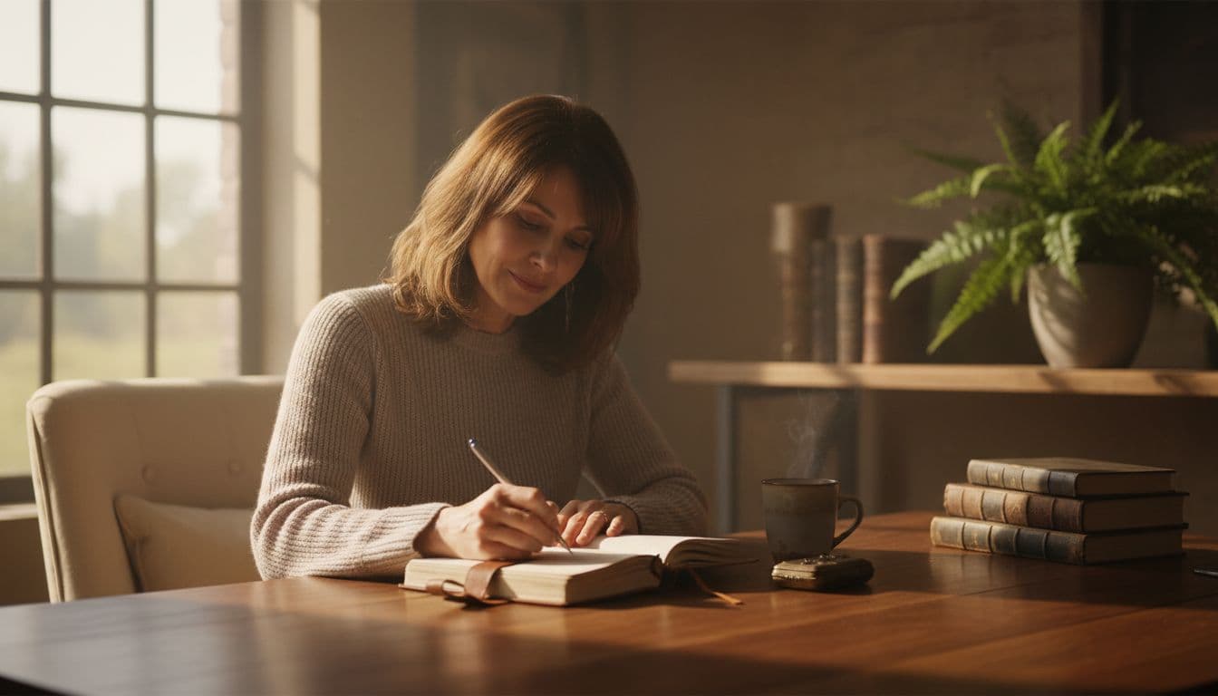 A calm adult woman sits relaxed at a wooden desk in a cozy home office, writing thoughtfully in a journal with soft morning sunlight illuminating the scene. The realistic photograph emphasizes peaceful reflection and emotional self-protection.