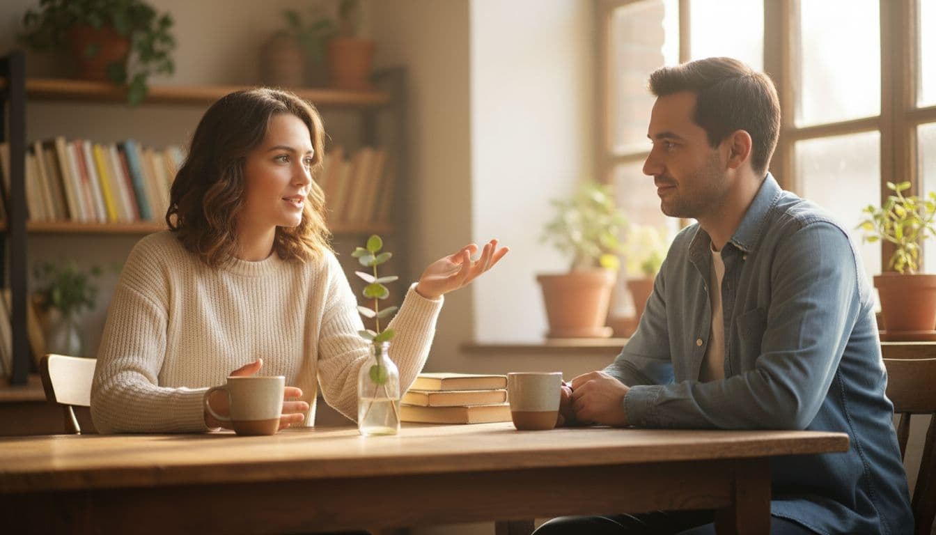 Two people chat casually at a coffee table in a cozy cafe, one gesturing calmly as the other nods.