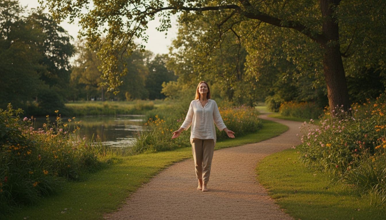 One person stands with relaxed open posture on a park path, sunlight filtering through trees.