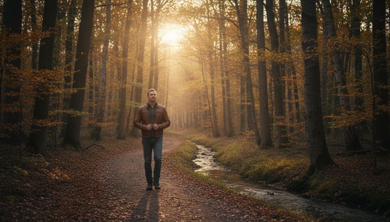 A mid-30s adult walks confidently alone on a serene wooded path during golden hour, with soft sunlight filtering through trees, capturing empowerment and peaceful solitude.
