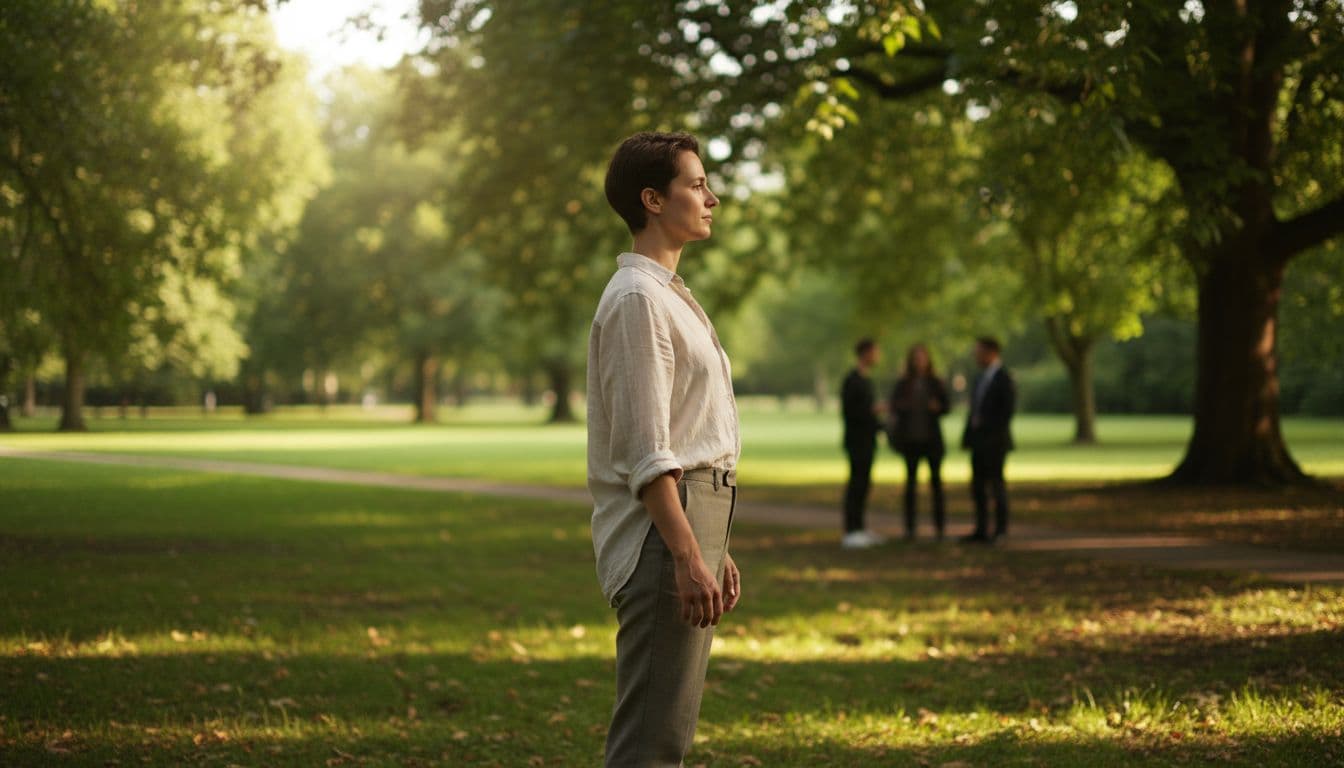 A single person stands confidently in a serene daytime park with soft sunlight filtering through green trees, distant shadowy indistinct figures blurred and small in the background, centered composition on the foreground figure with relaxed open posture, side profile, neutral calm expression, realistic photography with warm natural lighting and shallow depth of field.