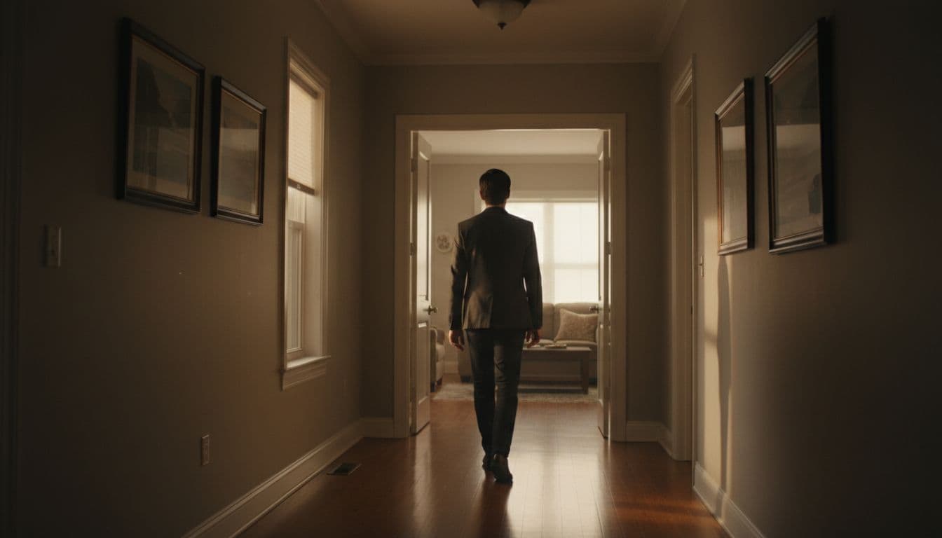 A person walking away confidently from a doorway in a home hallway, back turned with calm posture, soft evening light filtering through window, emphasizing resolve and holding boundaries amid emotional pushback.