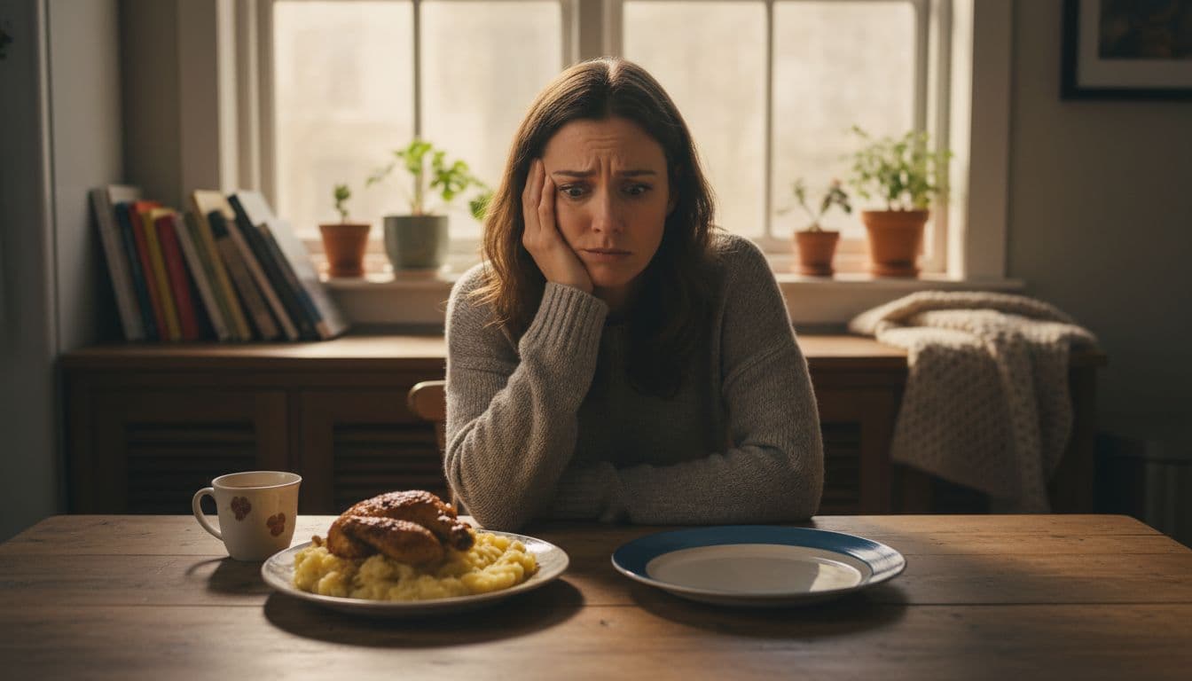A single confused adult sits at a cozy kitchen table in a warm-lit home, head resting on one hand with a puzzled expression, gazing at two mismatched plates—one with food and one empty—symbolizing conflicting expectations.
