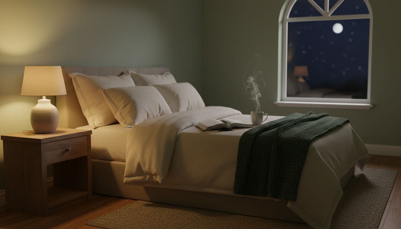 Neatly made bed in empty cozy bedroom at night, with glowing nightstand lamp, open journal, pen, and steaming tea cup.
