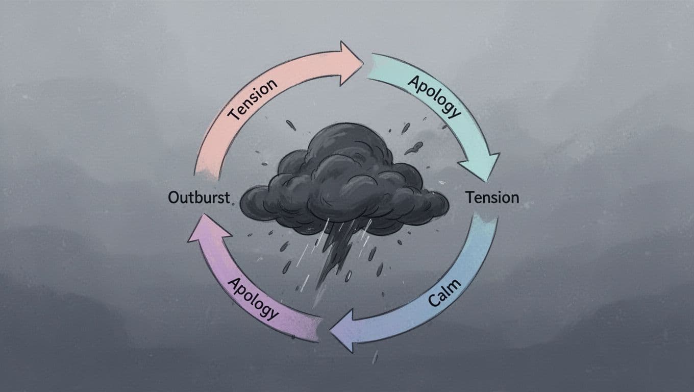 A symbolic cycle showing a loop of tension building, emotional outburst, fake apology, then calm before repeat; dark stormy clouds in center with arrows forming circle, soft muted colors, minimalist line art style, even lighting, no text, no people, no extra elements.
