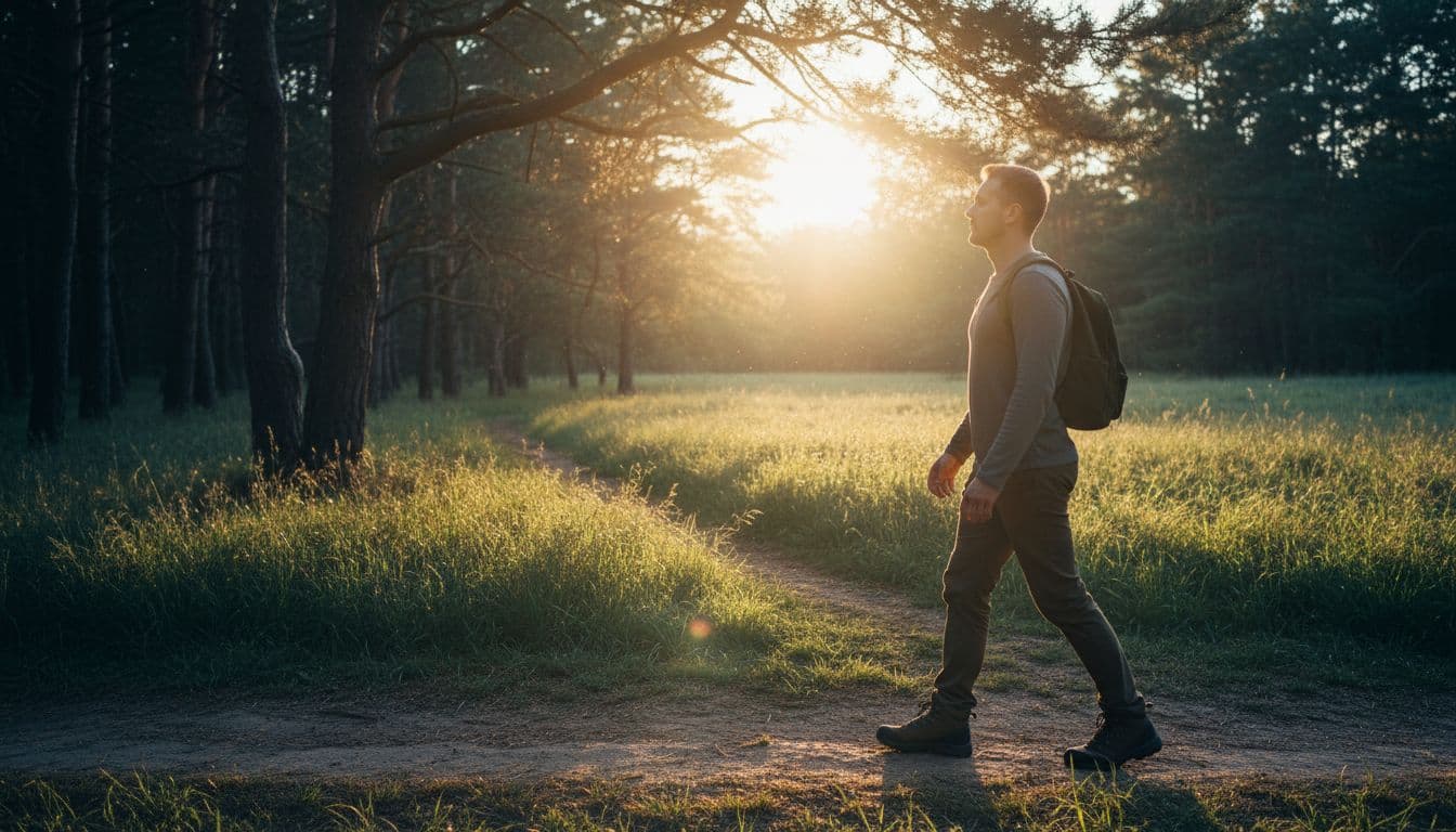 A determined adult walks alone on a winding path from a shadowy forest toward a bright, sunlit horizon, carrying a small backpack, captured in a realistic side-profile photograph symbolizing recovery and clarity.