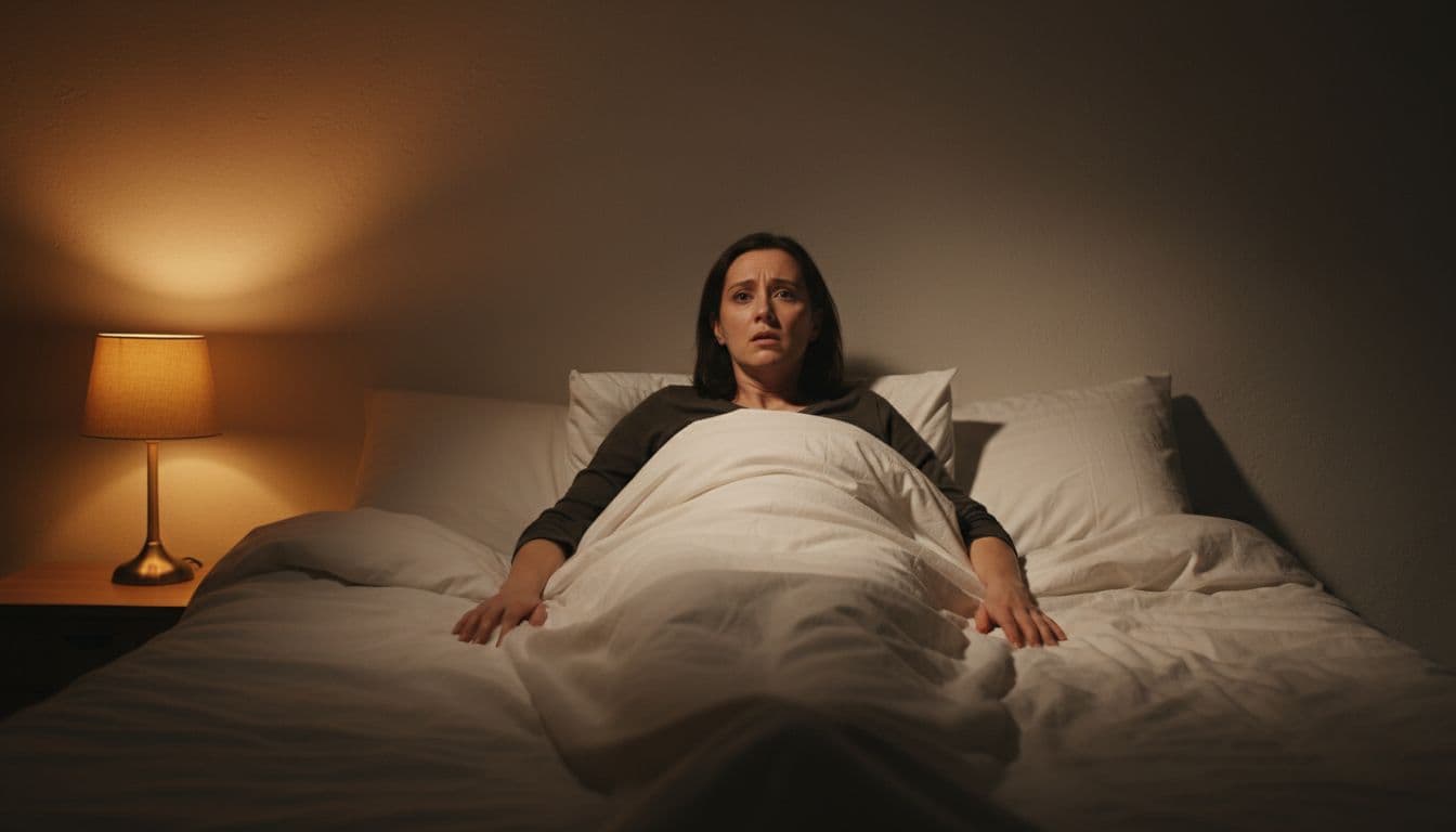 A person lies wide awake in a dimly lit bedroom at night, showing a worried expression with soft shadows, illustrating sleep disruption caused by relationship stress.