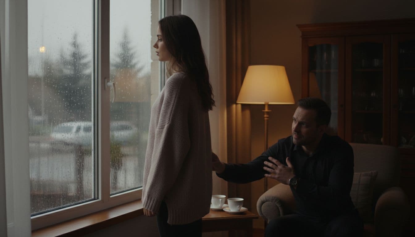 One person stands by a rainy window in a dimly lit home interior, gazing wistfully outside, while their partner sits nearby with a protective posture, highlighting emotional distance.