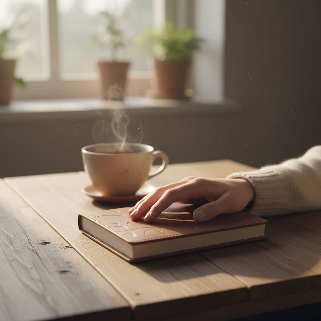 Close-up of a hand gently closing a journal on a wooden table beside a cup of tea, illuminated by soft morning light, capturing a moment of calm reflection.
