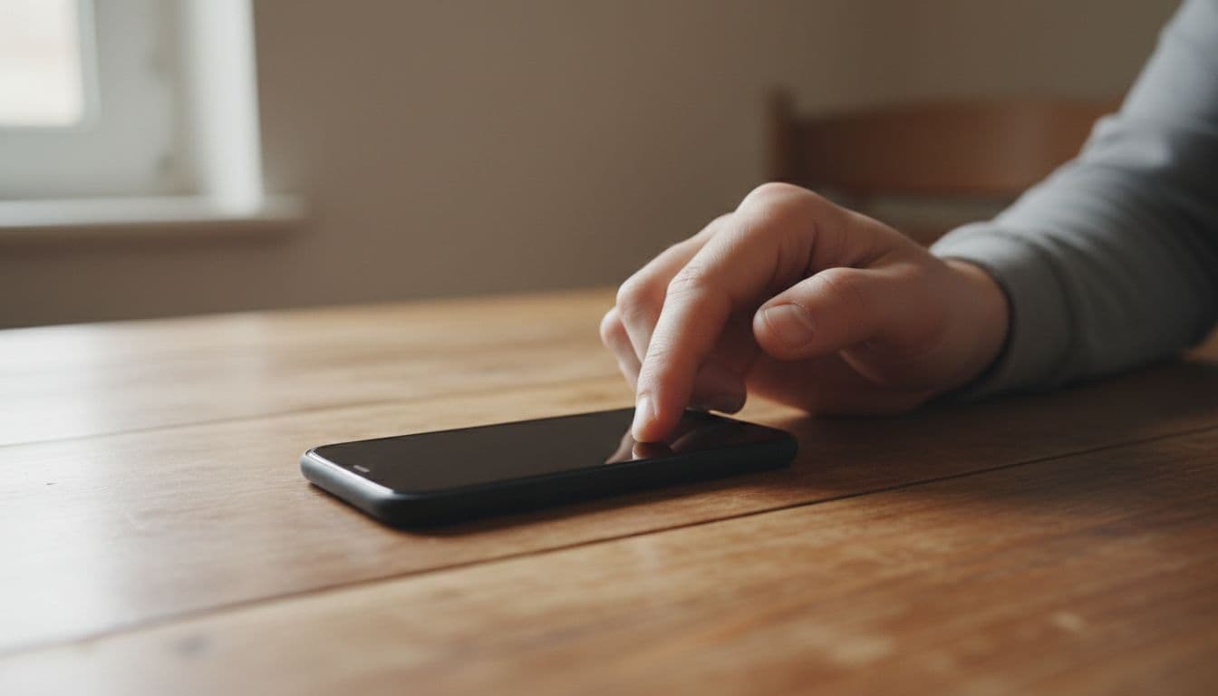 A person's hand holds a smartphone with a dark screen on a wooden table in a quiet home, illuminated by soft window light, symbolizing tension of surveillance and privacy invasion.
