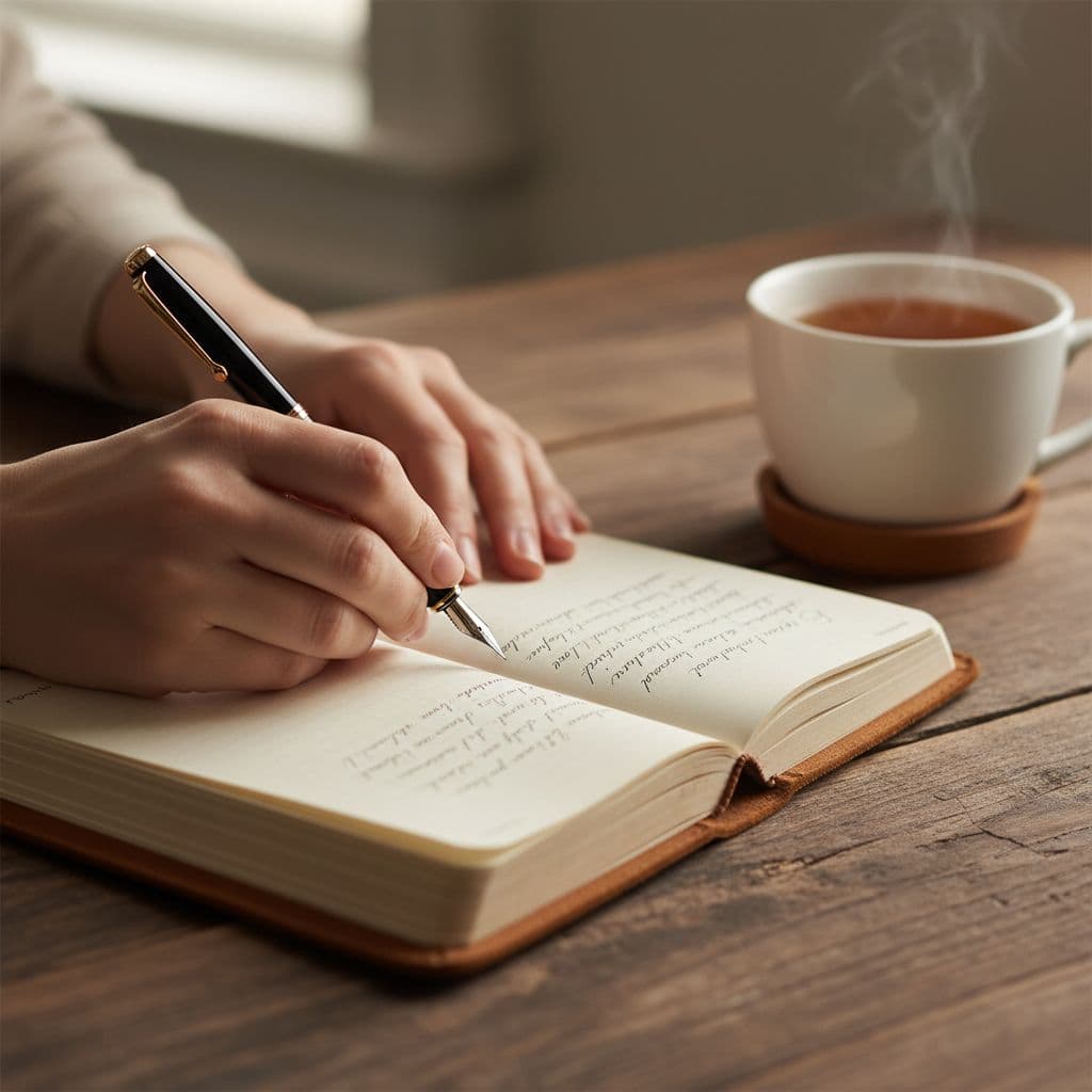 Close-up of hands gently writing in a journal on a wooden table with a cup of tea nearby, soft natural light creating a calm, introspective mood.
