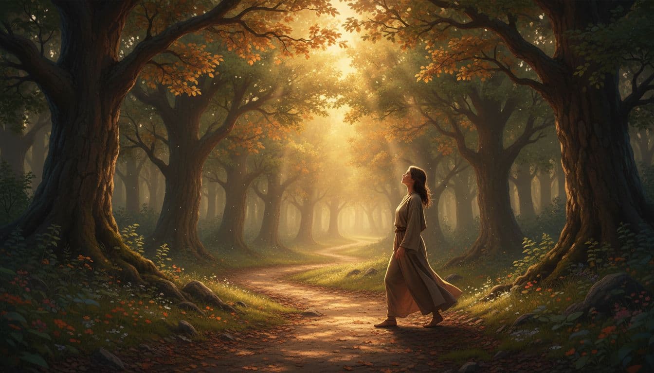 One person walks slowly along a peaceful forest path during golden hour, exuding hope and relief with a relaxed posture amid trees and soft sunlight.