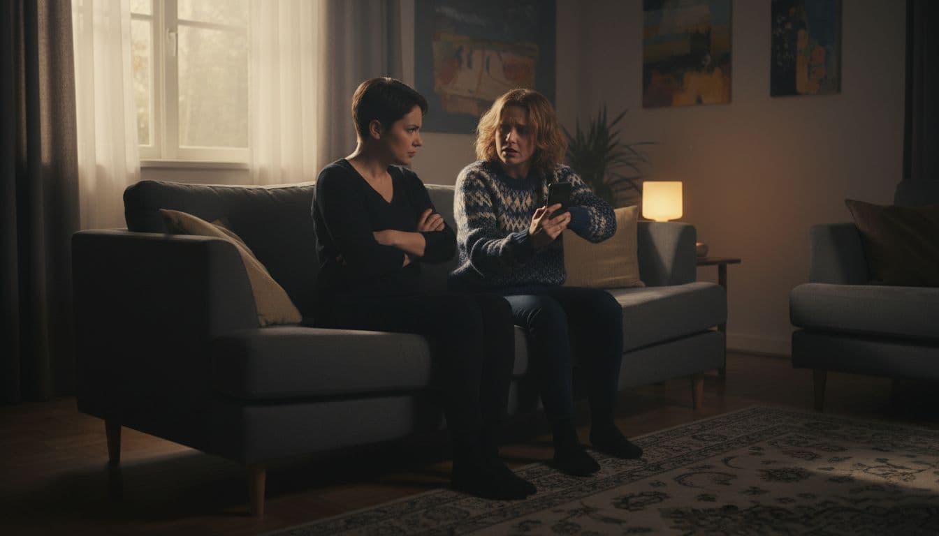Two adults on a sofa in a dimly lit living room: one with crossed arms and jealous stare at the other's phone, the other uncomfortable and pulling away. Realistic photo with soft evening light.