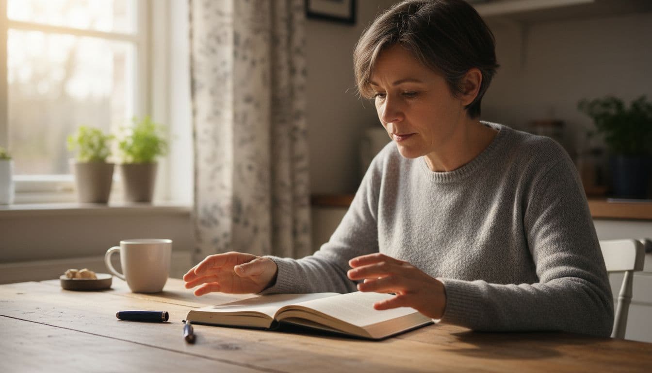 A middle-aged person sits at a wooden kitchen table with an open journal and pen resting naturally beside it, bathed in soft morning sunlight from the window, showing a calm, focused expression while looking at the page.