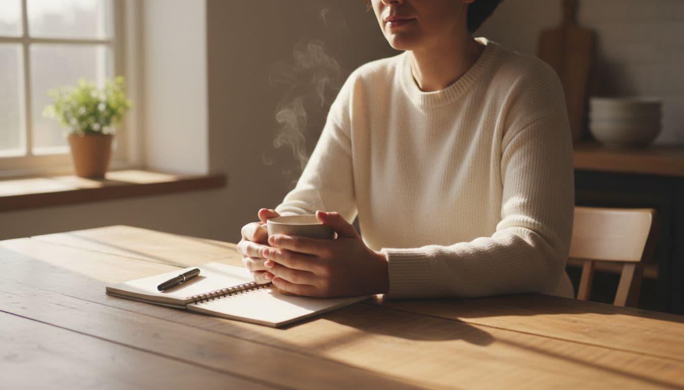Calm adult sits at simple kitchen table in morning light, hands around tea mug, notebook and pen nearby.