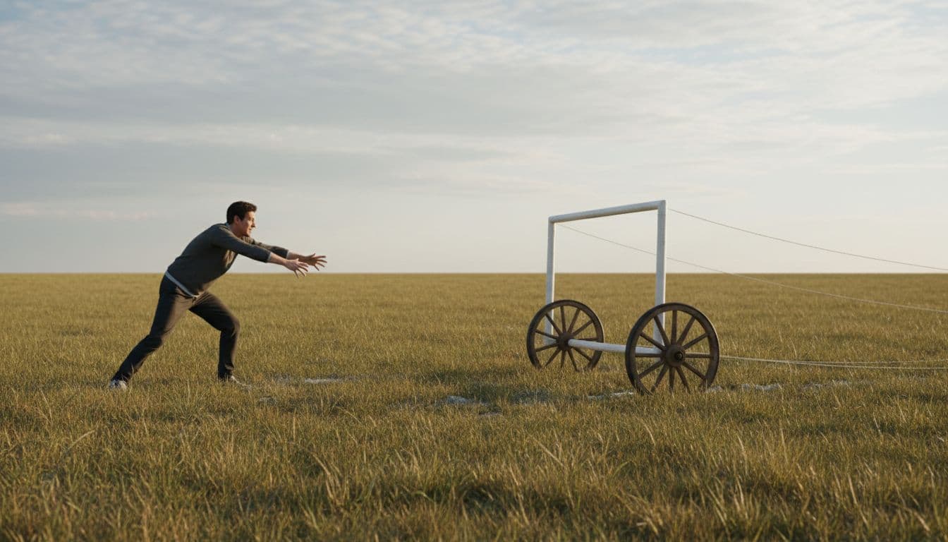 A lone person on a grassy field reaches toward a soccer goalpost sliding away on wheels pulled by faint strings, evoking frustration and confusion from shifting expectations in abusive dynamics.