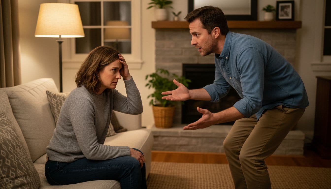 A confused woman sits on a couch with hand on forehead, wide-eyed, as a man stands gesturing emphatically and talking passionately in a cozy evening living room.