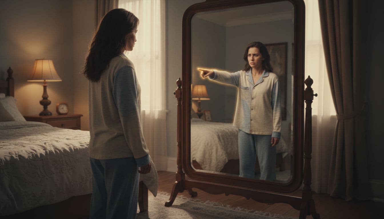 A single person stands confused and saddened before a large mirror in a softly lit bedroom, with their reflection accusingly pointing at them, symbolizing false accusation.