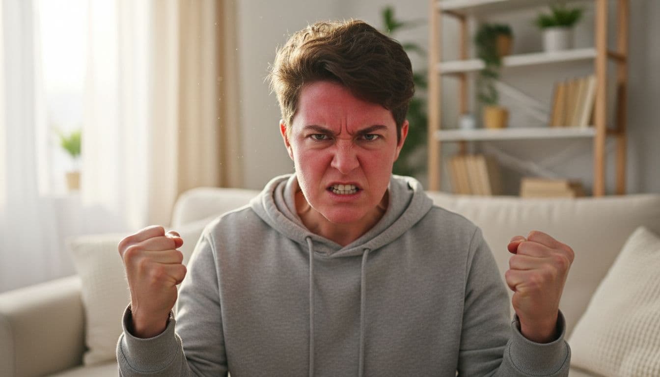 Realistic medium shot of an adult in a casual home setting with clenched fists, furious expression, furrowed brows, and red face from anger, under soft natural indoor lighting.
