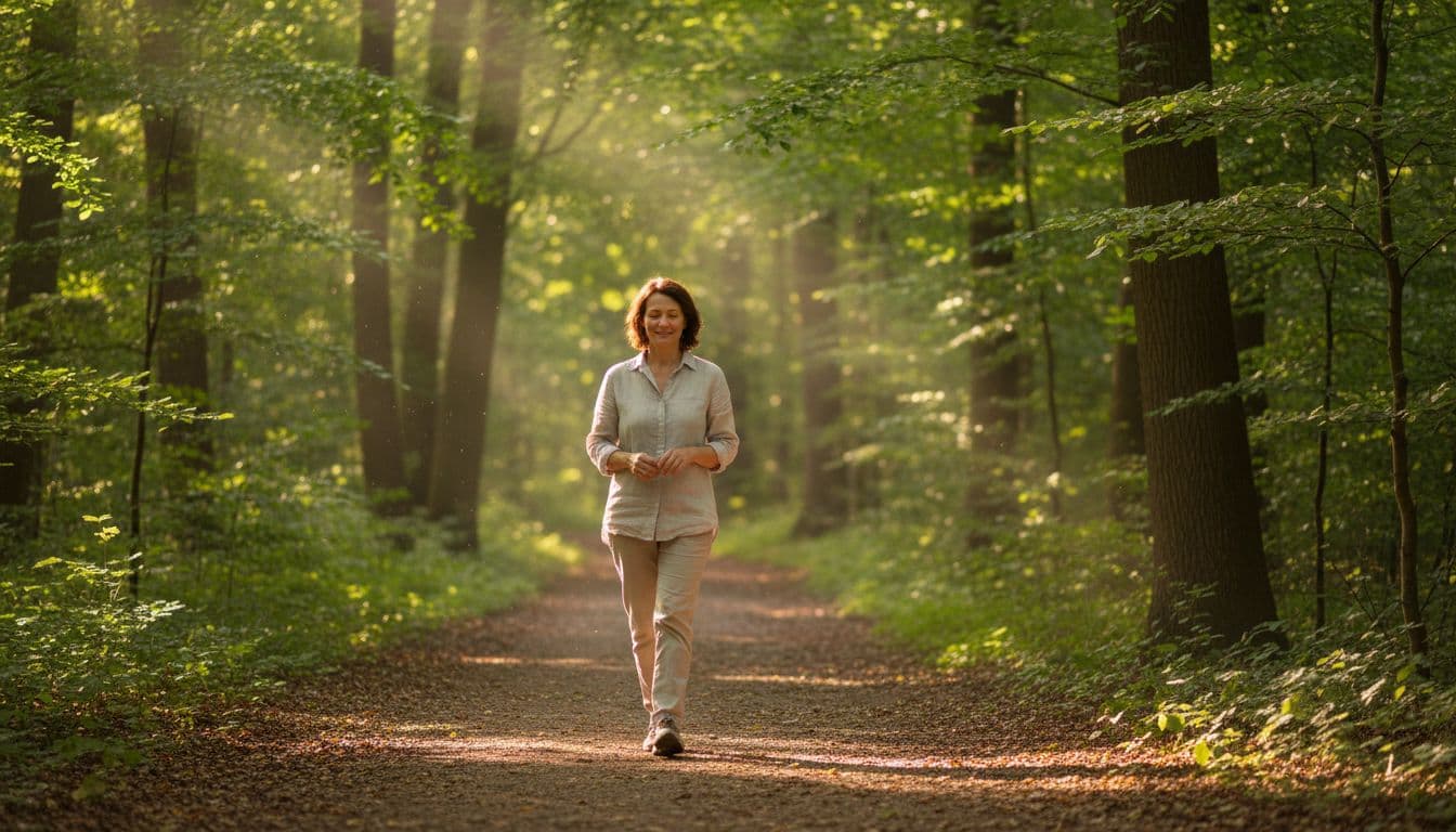 A single adult walking calmly on a sunny forest trail with relaxed posture and gentle smile, surrounded by green trees and soft sunlight, symbolizing peace and emotional recovery.
