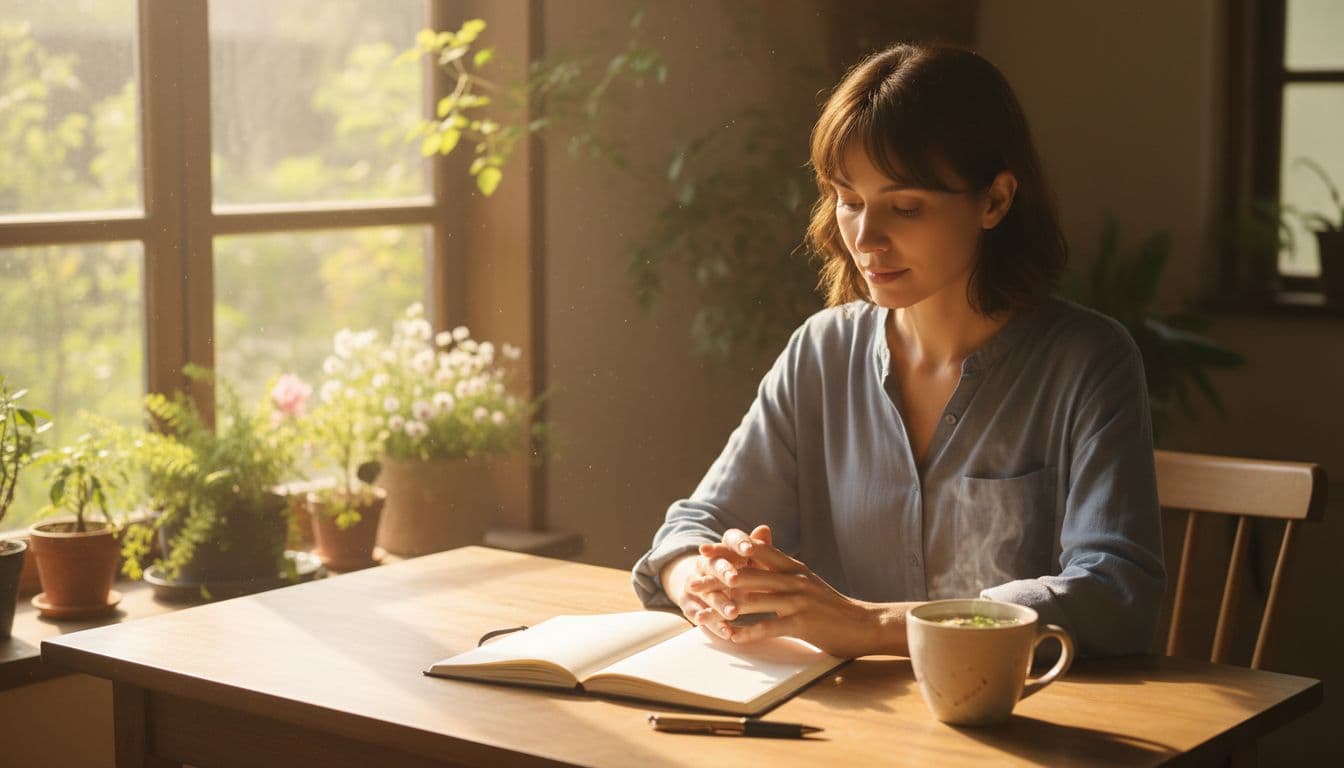 A single person with a relaxed posture sits at a simple wooden desk in a cozy sunlit room, an open notebook and pen in front, steaming herbal tea nearby, hands loosely resting on the table, soft natural light from a window with plants outside creating a contemplative atmosphere.