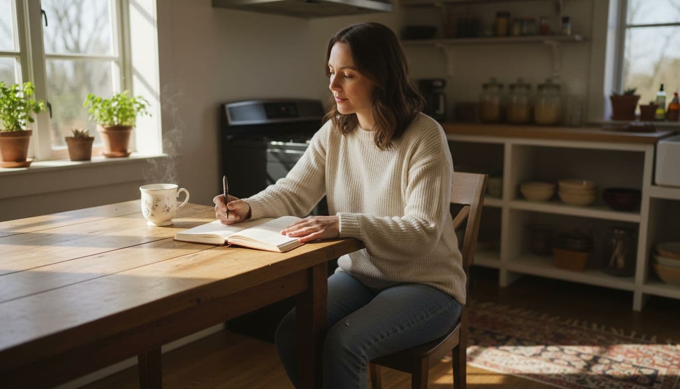 A mid-30s woman sits calmly at a wooden kitchen table in a bright morning kitchen, writing in an open journal with tea nearby, embodying peaceful self-reflection.