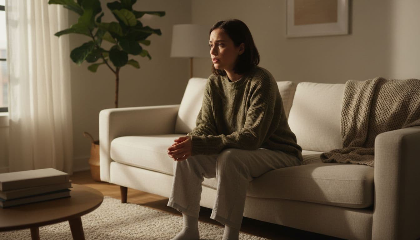 A young adult woman sitting alone on a couch in a softly lit living room, gazing thoughtfully out a window with a subtle expression of doubt and introspection, natural daylight filtering in with warm neutral tones.