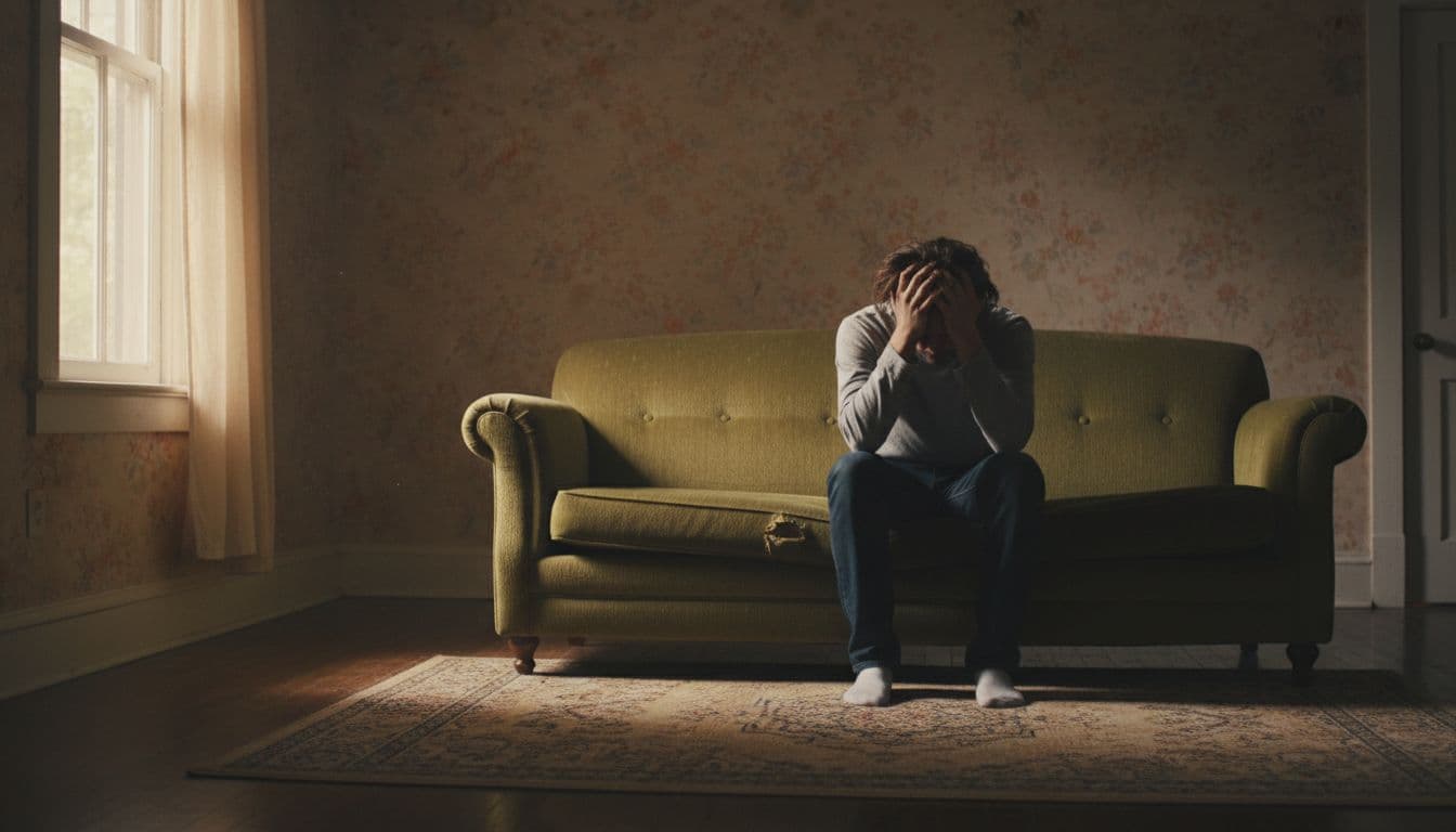 A single person sitting alone on a worn couch in a dimly lit living room, head in hands, looking down thoughtfully with soft natural light from a window.