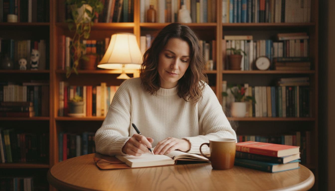 A person in their 30s journals alone in a quiet cozy room with notebook, pen, and cup of tea on the table, looking reflective and empowered under soft warm lamp light with a bookshelf background, realistic photograph style.