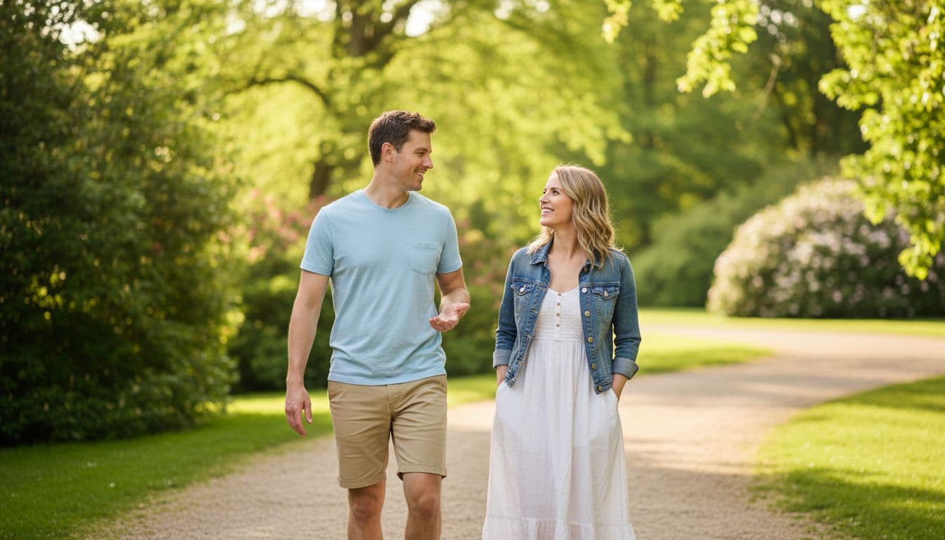 A relaxed couple in their 30s walks side by side in a sunny park, smiling and talking naturally with equal engagement, dressed in casual clothes amid green trees and warm natural light.