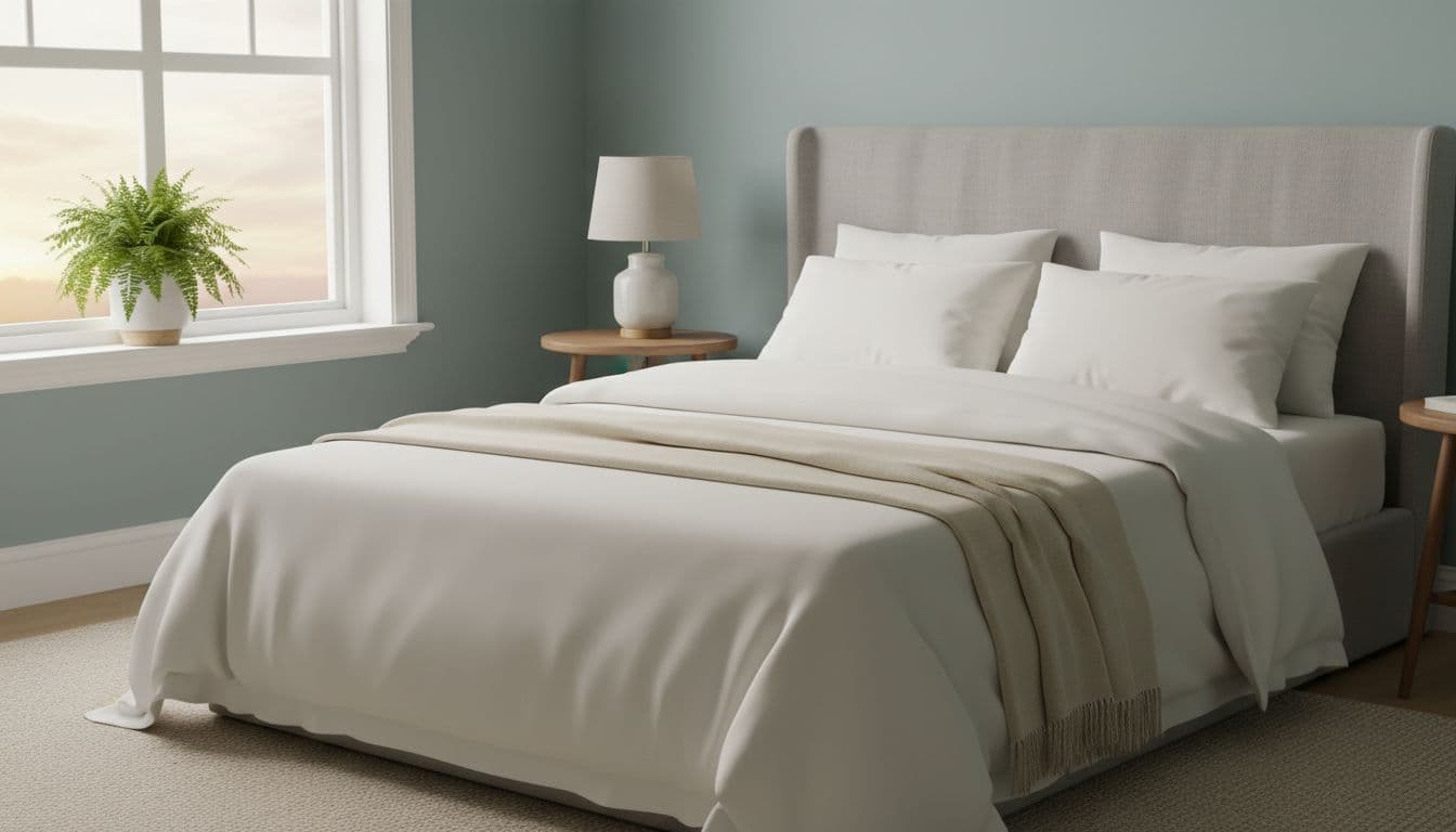 Serene bedroom at dawn with neatly made bed, soft morning light through window, potted plant on sill, peaceful atmosphere suggesting restful recovery, photorealistic in gentle warm tones.