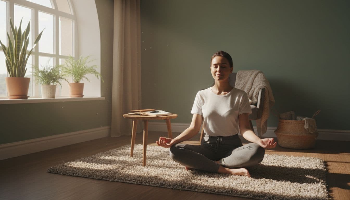 A serene person sits in a quiet room practicing deep breathing, bathed in soft natural light from a window, with a relaxed posture, calm expression, and cozy elements like plants and a journal nearby.